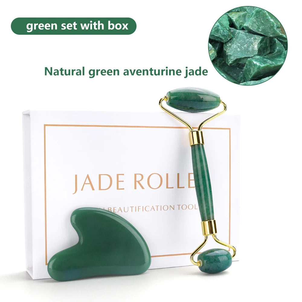 Natural Rose Quartz Jade Roller Gua Sha Set malkeup tool Green set with box