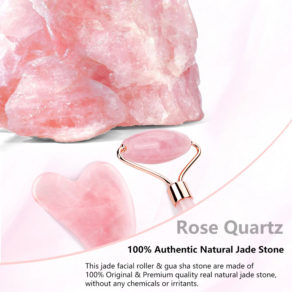 Natural Rose Quartz Jade Roller Gua Sha Set malkeup tool Care Line CARELINE SHOP LLC