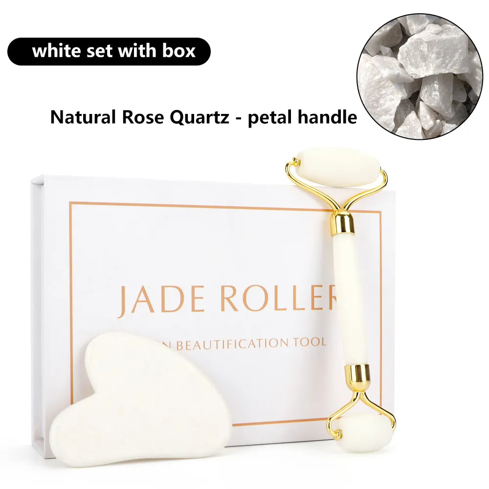 Natural Rose Quartz Jade Roller Gua Sha Set malkeup tool white set with box