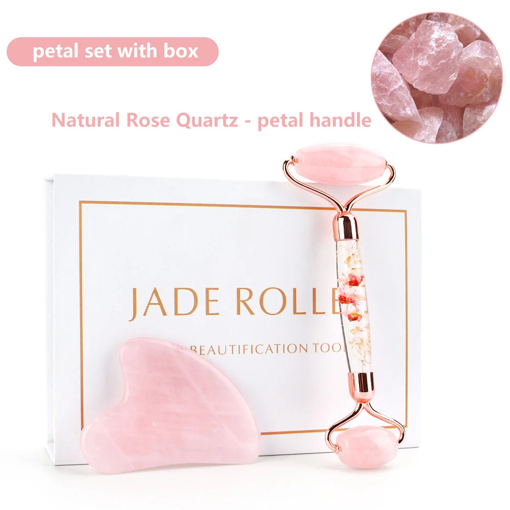 Natural Rose Quartz Jade Roller Gua Sha Set malkeup tool petal set with box