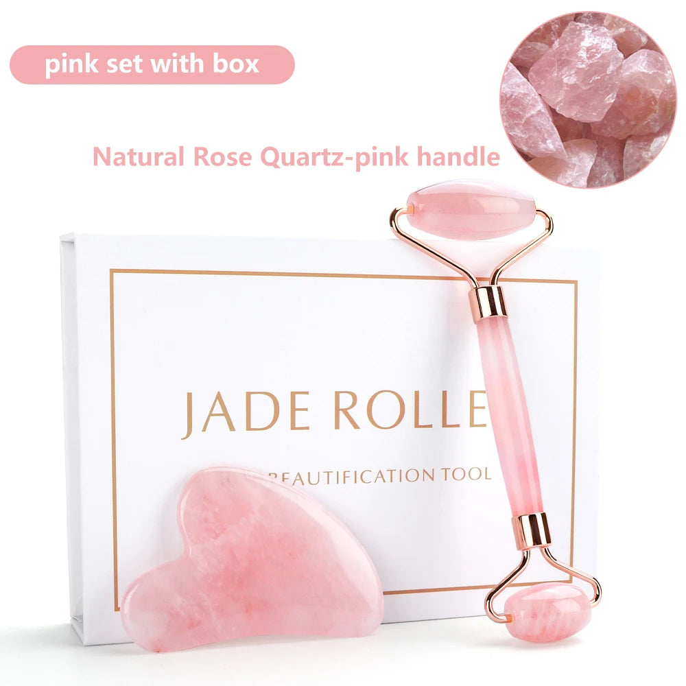 Natural Rose Quartz Jade Roller Gua Sha Set malkeup tool Pink set With box