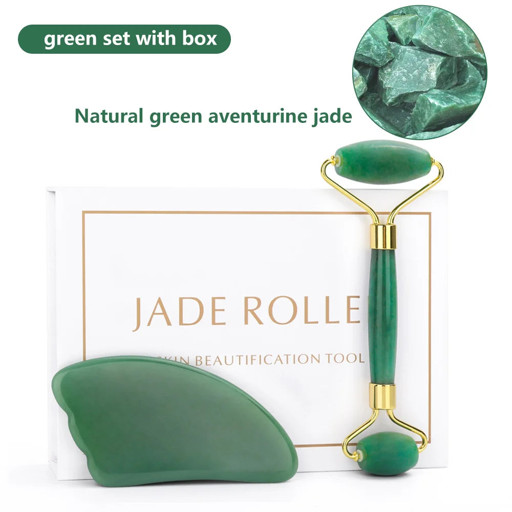 Natural Rose Quartz Jade Roller Gua Sha Set malkeup tool Quiet Green set box